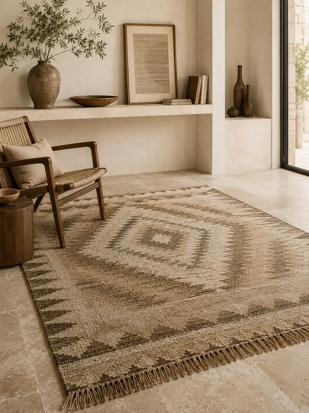 Flatweave rug with geometric pattern in warm neutrals on a limestone floor